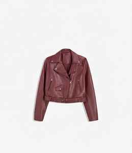 Veste universitaire en cuir bordeaux pour femmes, style moto classique, ceinture, fermeture éclair, asymétrique, style vintage, décontractée, haut d'automne et d'hiver, coton - Product Image 1