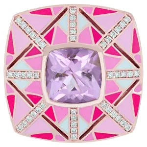 Luxury Jewelry 14K Solid Rose Gold Micro Pave Setting Diamond Colorful Enamel Pink Amethyst Ring