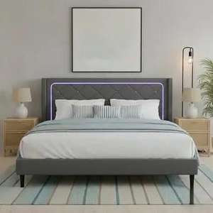 Base de Cama Tapizada con Luces LED, Cabecera Acolchada con Diseño de Diamantes, Mueble de Dormitorio Doble Moderno, Minimalista y Acogedor - Product Image 1