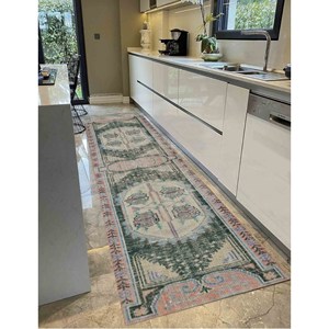 Tapis de couloir anatolien mat : Tapis imprimé style bohème turc délavé, avec poils doux - Product Image 4