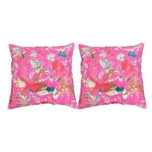 Juego de 2 Fundas de Cojín Cuadradas Estilo Boho de 16x16 Pulgadas, con Diseño Floral y de Aves en Color Rosa, Impresas Digitalmente y Cosidas con Kantha, para Sofá o Cama - Product Image 4