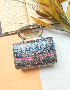 Ethnic Blue Enamel <b>Silver</b> Metal Clutch Bag Handcrafted with Gemstones and Embroidery <b>for</b> Parties <b>Weddings</b> and Cultural Wear - Product Image 6