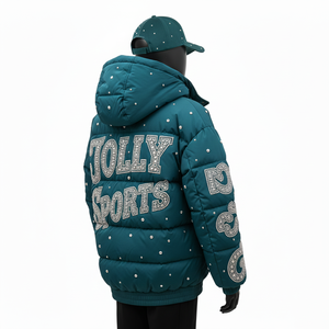 Chaqueta Acolchada de Poliéster para Mujer, Invierno, Diseño de Paneles Acolchados, Color Verde Azulado, Logotipo de Cristal Hotfix, Chaqueta Acolchada para Mujer - Product Image 5