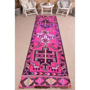 Alfombra Vintage de 2.9x11 pies, Alfombra Turca de Lana con Diseño de Camuflaje Rosa y Morado - Product Image 1