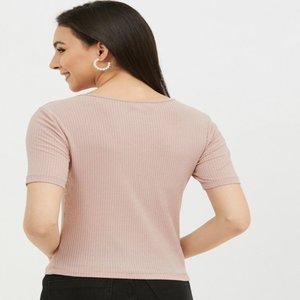 Couleur pêche femmes régulières haut col carré solide, court, manches régulières femmes t-shirt tricoté coton tissu femmes vêtements - Product Image 3