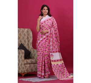 100% algodón Mulmul dibujado a mano ligero secado rápido hasta el suelo Sari suave verano Festival fiesta desgaste para mujeres indio - Product Image 2