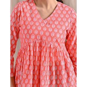 <b>Peach</b> Jaipuri Block Printed Women's Cotton Peplum <b>Top</b> Women's Knit <b>Tops</b> - Product Image 2