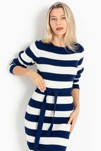 Vestido de cuello redondo de punto para mujer, manga larga, rayas flexibles, cinturón cálido, detalle de alta calidad, invierno, nueva moda, servicios OEM - Product Image 5