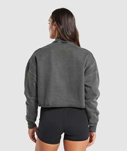 Sudaderas con cremallera de cuarto de algodón 100% de alta calidad para mujer, Top corto de invierno bordado de Terry francés lavado con ácido personalizado, entrenamiento - Product Image 2