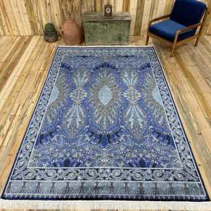 Alfombra Turca Grande de 6.4x9.9 pies, Alfombra Vintage, Alfombra de Lana con Camuflaje Azul y Blanco - Product Image 1