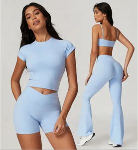 ชุดกางเกงโยคะสำหรับผู้หญิงชุดสองชิ้นเสื้อเจอร์ซีย์แบบพับได้เอวสูงแขนยาวกางเกงขาบานสำหรับใส่ในเลานจ์เซ็กซี่สั้น2024 - Product Image 3