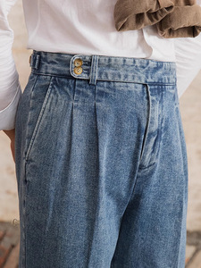 Pantalon en jean pour homme automne-hiver, style rétro, taille haute, coupe droite, pantalon décontracté pour gentleman avec braguette zippée, lavage lourd, style tendance - Product Image 4