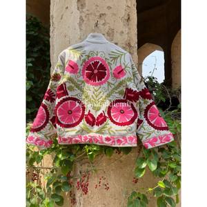 Unisex Uzbek Floral Embroidery Jute Cotton Jacket Stand Collar Knitted Short Party Wear <b>Coat</b> Autumn Lining Trending for Women - Product Image 5