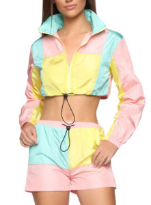 Conjunto de ropa deportiva de invierno con cuello levantado para mujer, chándal corto de bloque de Color sólido de 2 piezas, cortavientos con cremallera, personalizado - Product Image 5