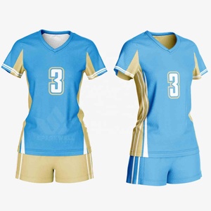 Conjunto de Camiseta y Pantalones Cortos de Voleibol para Mujer, Personalizado, con Estampado Geométrico Azul y Dorado, Cuello en V, Manga Corta, Poliéster que Absorbe la Humedad - Product Image 1