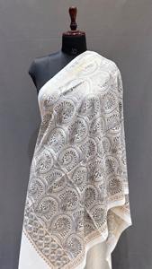 Elegant Cream Color Kashmiri <b>Wool</b> <b>Shawl</b> Handcrafted Thread Embroidery Warm Cashmere Fabric for Formal Casual Outfits - Product Image 2
