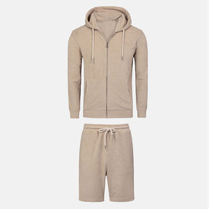 Men's 100% Cotton Hooded Tracksuit Set With Zipper <b>Shorts</b> Casual Solid Color Breathable Spring Wear - Product Image 1