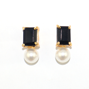 Antique Fashion Black Onyx Freshwater Pearl Gemstone Rectangle Shape 18k Gold Plated <b>Stud</b> <b>Earring</b> Lite Weight Brass Wholesale - Product Image 3