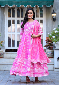 Vestido Largo de Algodón para Mujer, Estilo Anarkali, Cuello en V, Manga Corta, Estampado Floral, Corte en A, con Dupatta, para Fiestas o Uso Casual, OEM - Product Image 3