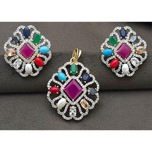 Ensemble de pendentifs cloutés Navratana avec boucles d'oreilles et pierres AD pour les mariages et les fêtes. - Product Image 1