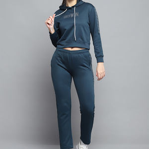 Ensemble de survêtements 2 pièces pour femmes à motif solide bleu sarcelle pantalon de survêtement à capuche respirant sur toute la longueur pour l'hiver écologique - Product Image 1
