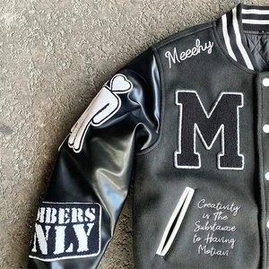 OEM 100% Vache En Cuir En Gros Broderie Noir Couple Collège Baseball Hommes Veste Letterman Varsity Streetwear Hiver - Product Image 3