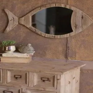 家居装饰时尚墙镜客厅浴室酒店天然木质彩色鱼形木质时尚挂墙镜