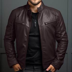 Chaqueta de cuero vacuno negra extragrande original para hombre con cuello alto, hecha a medida para motociclismo en invierno. - Product Image 2