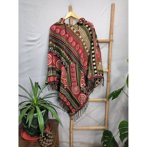 Unisex Yak Wool Blend Geometric Poncho Hood Pockets <b>Hand</b> Loomed Urban Warm Hygge for Him Her Winter Season Black Red Pink Blue - Product Image 2