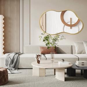 Espejo Grande Horizontal Orgánico Ecológico para Bodas, Diseño Irregular Curvo, Acabado Dorado, Arte de Pared Contemporáneo Abstracto - Product Image 1