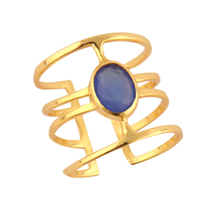 แหวนพลอยหินโมราสีฟ้าทรงรี,แหวนอัญมณี24K ทำจากทองเหลืองชุบทองแฮนด์เมดปรับได้ของขวัญสำหรับผู้หญิง - Product Image 5