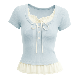 Blusa de punto dulce de encaje transpirable para mujer de estilo coreano Top ajustado de manga corta con dobladillo de cuello con volantes - Product Image 4