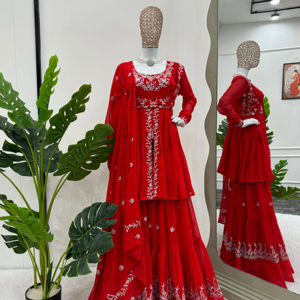 Ensemble de costumes de designer de même couleur sur fausse georgette avec intérieur et fil sur le costume Sharara Plazoo et Dupatta vente en gros - Product Image 4