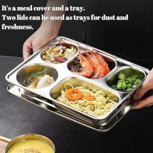 <span class=keywords><strong>Plateau</strong></span> à déjeuner en acier inoxydable 304 avec couvercle divisé assiette alimentaire à 5 compartiments pour cantine scolaire bureau <span class=keywords><strong>restaurant</strong></span> utilisation - Product Image 3