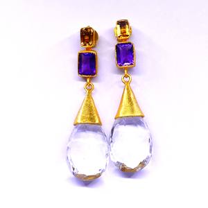 Los últimos pendientes de abalorio para mujer, estilo clásico, Plata de Ley 925 con piedras preciosas de peridoto y amatista chapadas en oro para bodas - Product Image 2