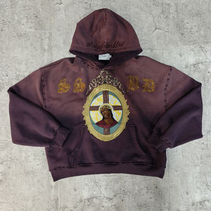 Sudadera con capucha desgastada lavada con ácido al por mayor de la letra del remiendo del bordado con los cristales - Product Image 1