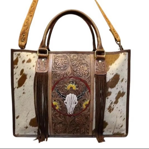 Newest 100% Cowhide Fashionable Vintage Western Elegance <b>Tassel</b> Handbag Genuine Leather Tote Purse Concealed Shoulder <b>Bag</b> Women - Product Image 1