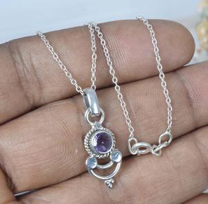 Colgante de cadena de piedras preciosas de Plata de Ley 925 con amatista púrpura cortada con cadena, joyería hecha a mano, regalo de piedra Natural para cumpleaños - Product Image 2