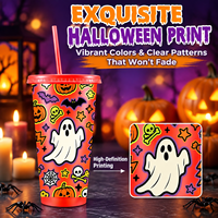 Gobelet en plastique réutilisable de 24 oz pour Halloween avec paille et couvercle, motif fantôme et citrouille, pour café glacé, avec logo personnalisé, articles de fête, vente en gros