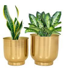 Juego de 2 macetas de metal únicas para el hogar y el jardín, macetas decorativas de flores de metal con forma redonda de color dorado, accesorios de decoración del hogar - Product Image 5