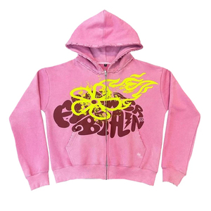 Sudadera con Capucha Extra Grande de Algodón Grueso con Estampado Gráfico Rosa de Lujo Personalizada, Lavada al Ácido, con Cierre - Product Image 5
