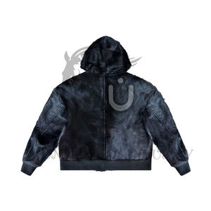 UNBRIDLEDS INDUSTRY Double Zip Cowhide Hoodie Black Hairon Genuine Leather Men's Winter Breathable Windproof - Product Image 2