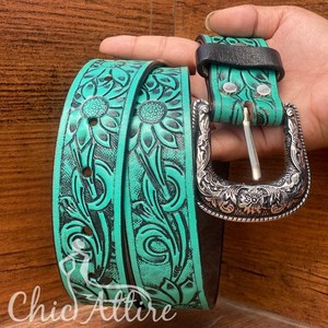 Nuevo hecho a mano con estilo turquesa cuero mecanizado a mano cinturones occidentales personalizado cuero genuino diseño Floral cinturones Unisex - Product Image 1