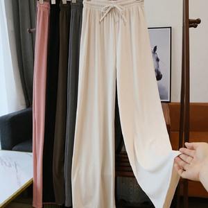 Pantalons de survêtement pour femmes, taille mi-haute, jambes larges, polyester/rayonne, plis fins, amples, droits, décontractés, pour le bureau, avec cordon de serrage, longs - Product Image 1