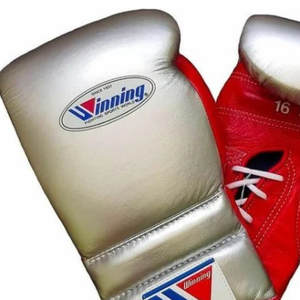 Winning Lace Up Boxing Gloves Silver Red Genuine Leather Professional Boxing Training Sparring Gloves High Impact <b>Padding</b> 8oz - Product Image 3