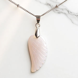 925 <b>Silver</b> <b>Angel</b> Wing Carved Grey Agate Gemstone Pendant <b>Necklace</b> - Product Image 1