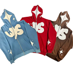 Sweat-shirt à capuche zippé pour homme en coton tricoté, décontracté, avec logo imprimé sur le devant, coupe classique, automne, bleu, rouge, marron - Product Image 1
