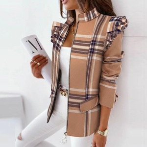 เสื้อเบลเซอร์คอตั้งหรูหราสำหรับผู้หญิงเสื้อแจ็คเก็ตมีซิปพิมพ์ลายสก็อตสำหรับฤดูใบไม้ผลิฤดูใบไม้ร่วง - Product Image 1