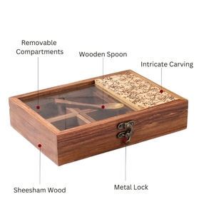 Gul กล่องไม้เครื่องเทศทรงสี่เหลี่ยมสำหรับงานแกะสลักด้วยมือกล่องใส่เครื่องเทศพร้อมช้อนของตกแต่งห้องครัวทำจากไม้ - Product Image 4