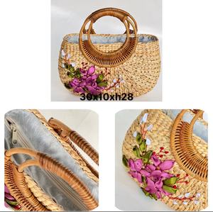 Bolsos de jacinto de agua ecológicos de moda para el verano Diseño de dos manijas juvenil y dinámico con cierre abierto - Product Image 5